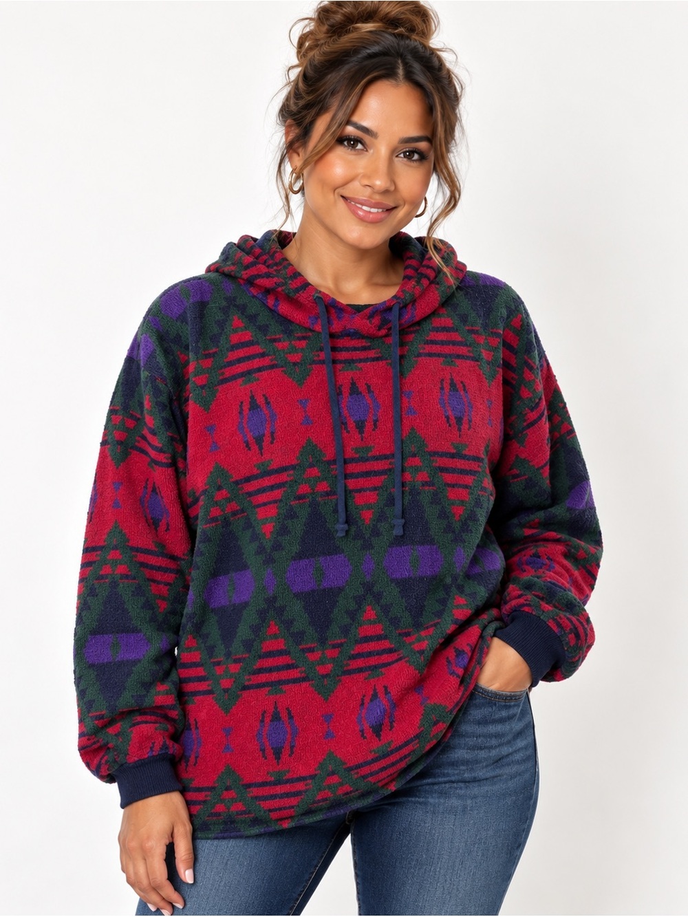 Vintage 90s Pazzo Sweater Size L Red Purple Southwestern Geometric Hooded